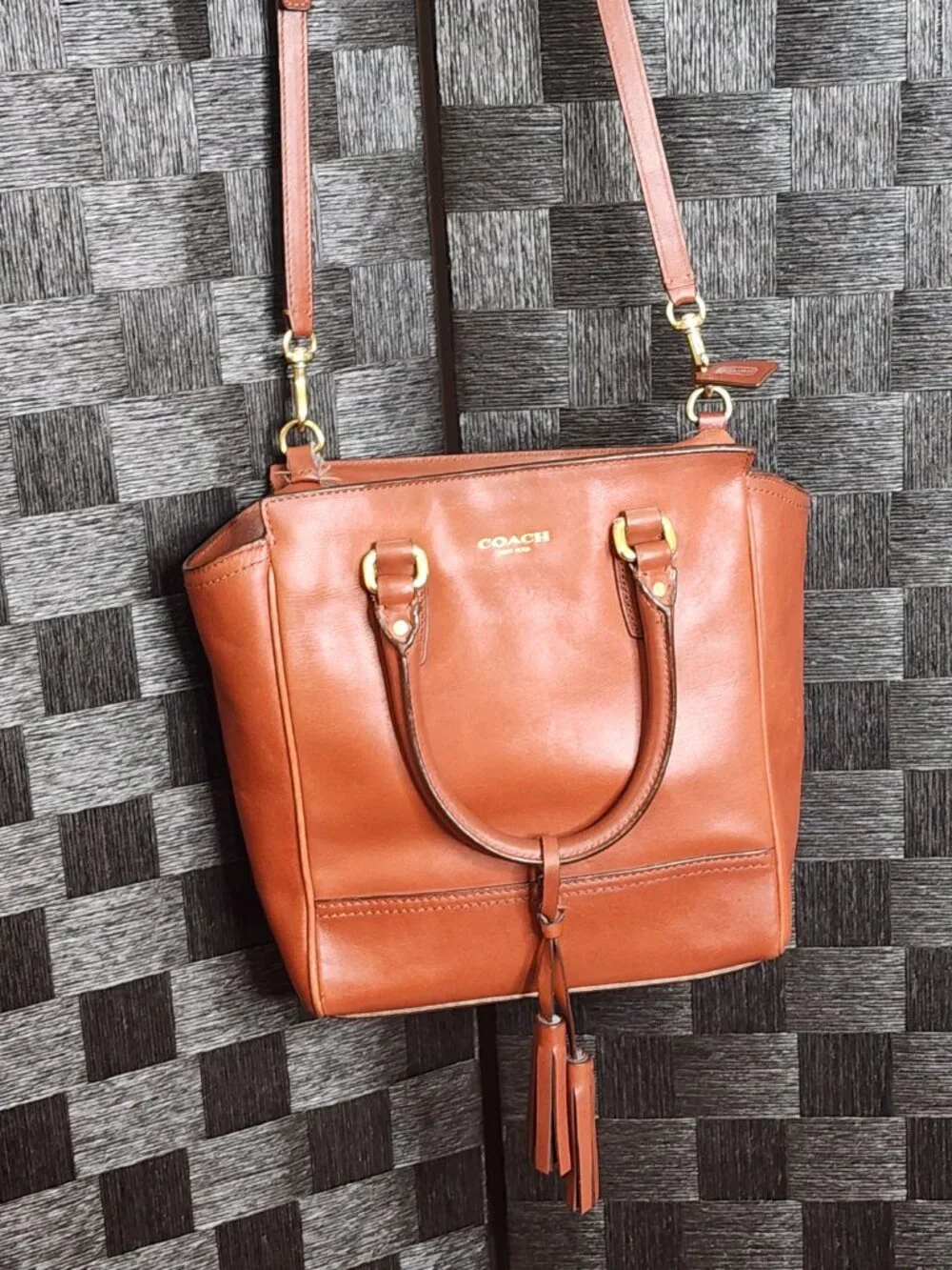 COACH Mini Tanner Legacy Cognac Leather Crossbody Satchel Bag Purse